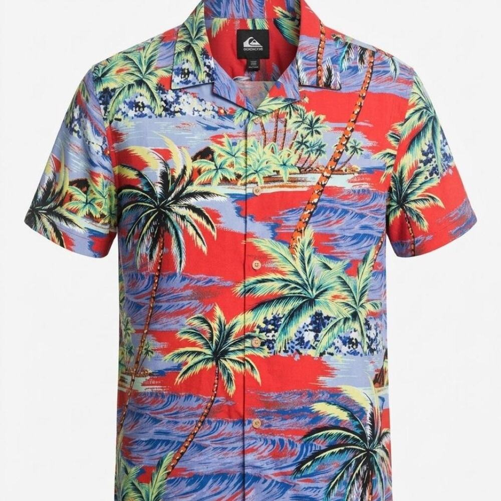 Quiksilver Mens M Hawaiian Shirt Red Palm Tree Tropical Beach Surf